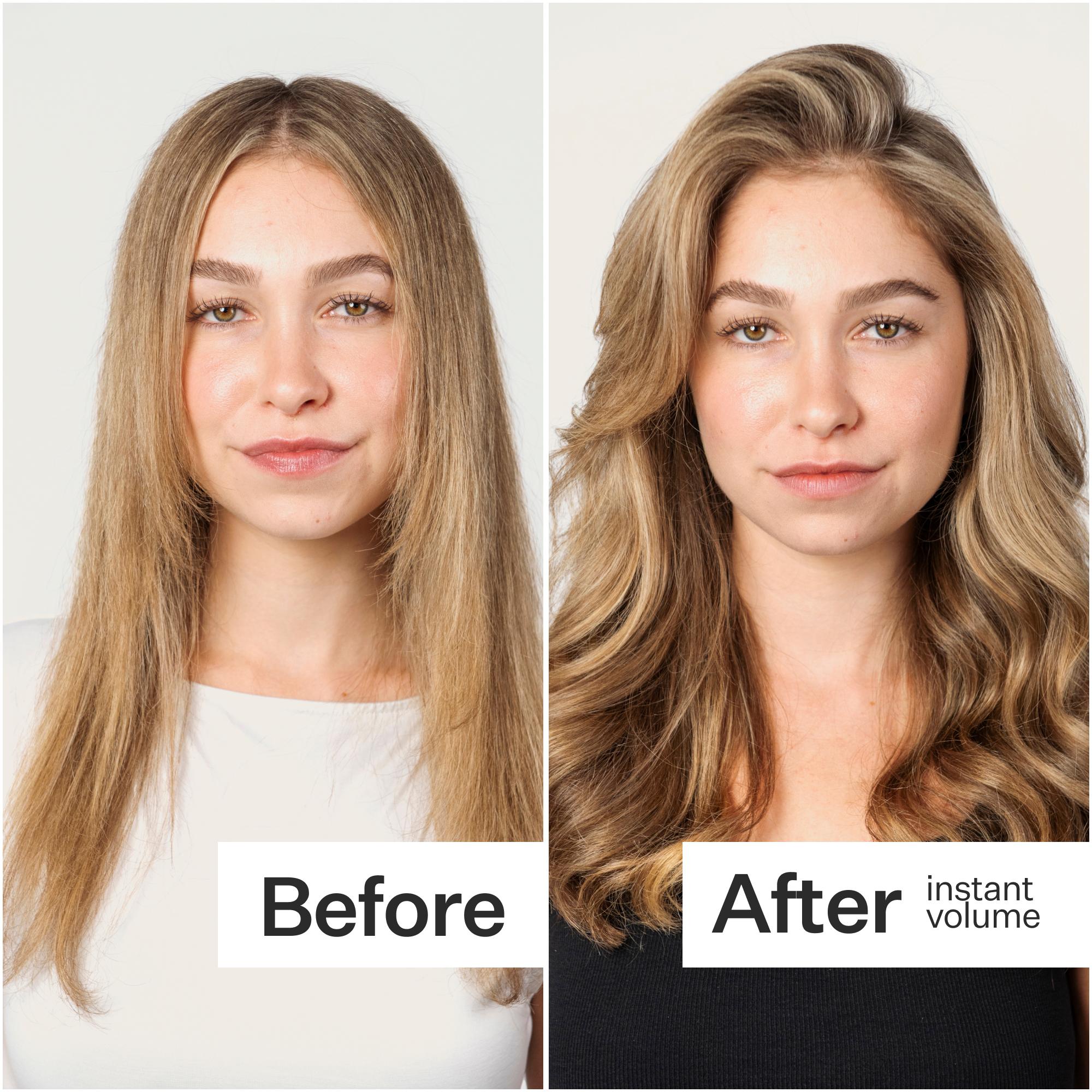 A side-by-side comparison of a woman’s hair, showing a straight style on the left labeled "Before" and voluminous waves on the right labeled "After."