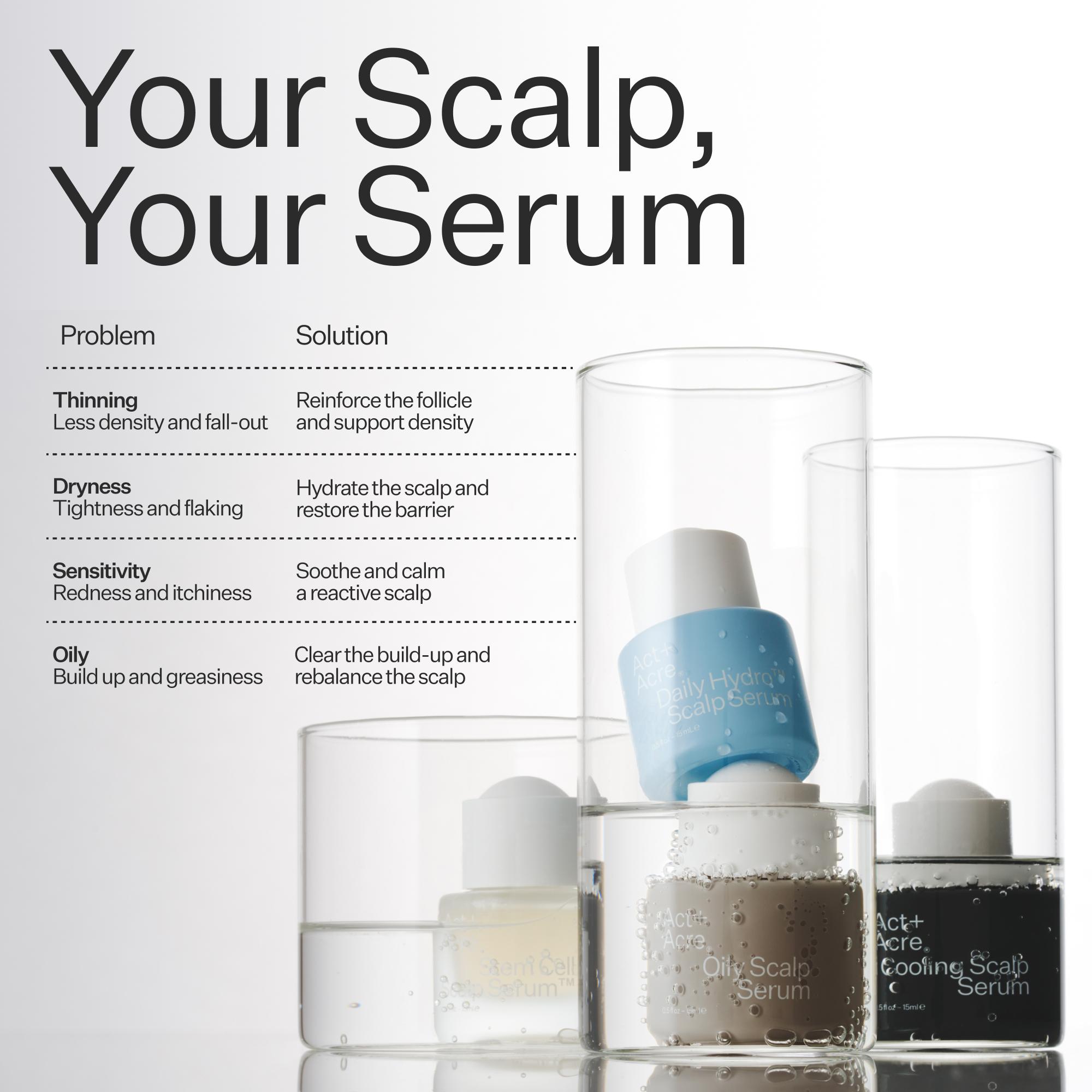 Scalp care serum products with a chart detailing scalp issues and solutions on a white background.