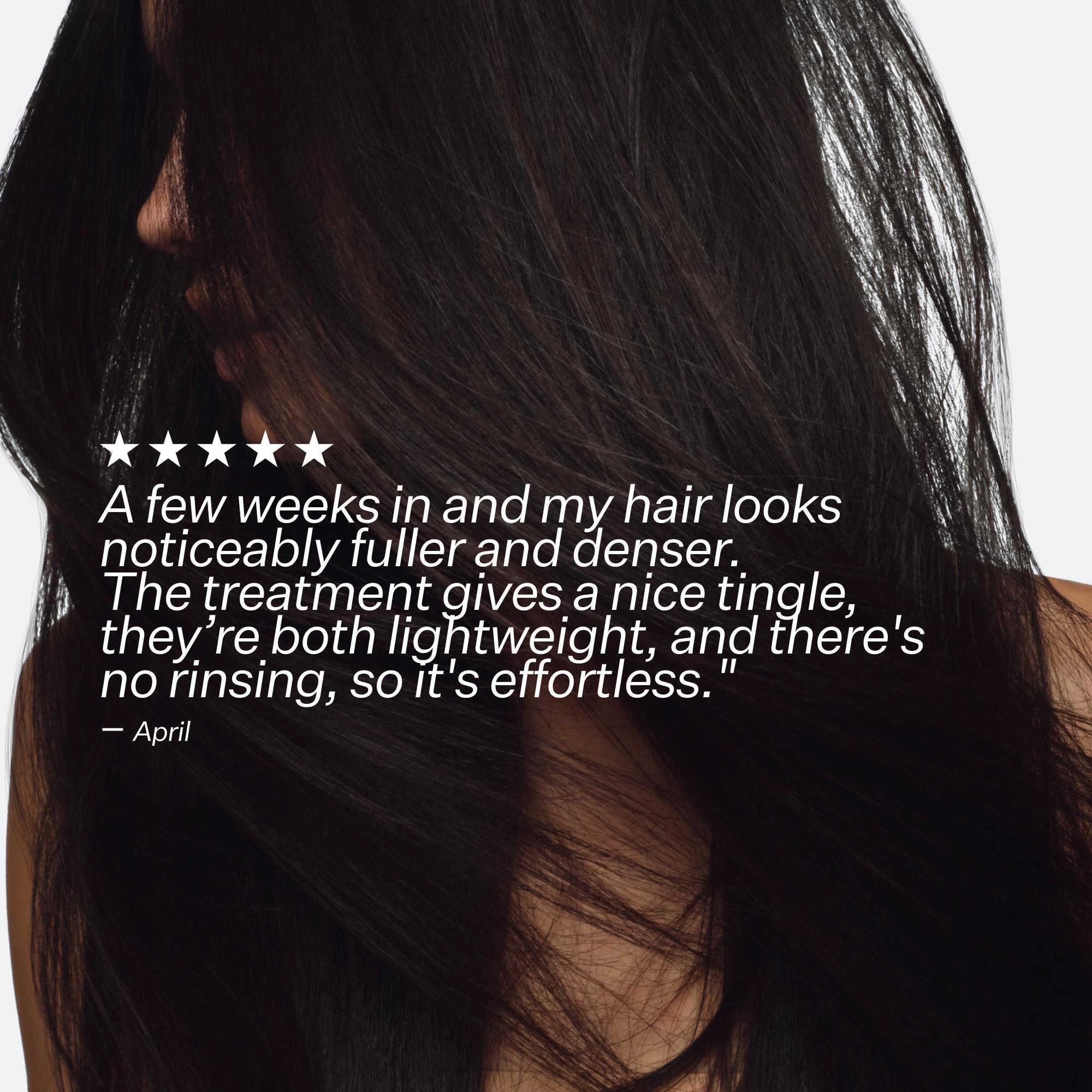 Close-up of a person with long hair, featuring a five-star rating and customer review text.