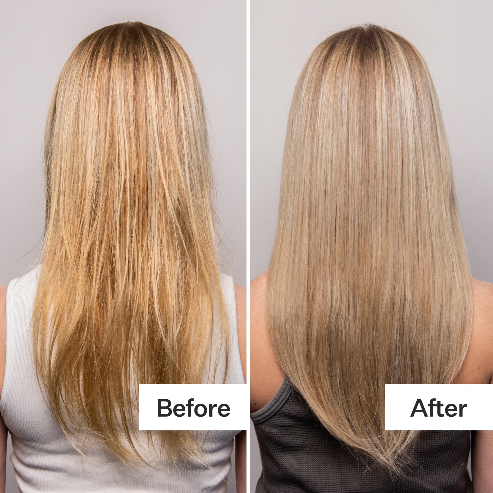 A side-by-side comparison of hair: left shows frizzy, unstyled hair labeled "Before," and right shows smooth, straight hair labeled "After."