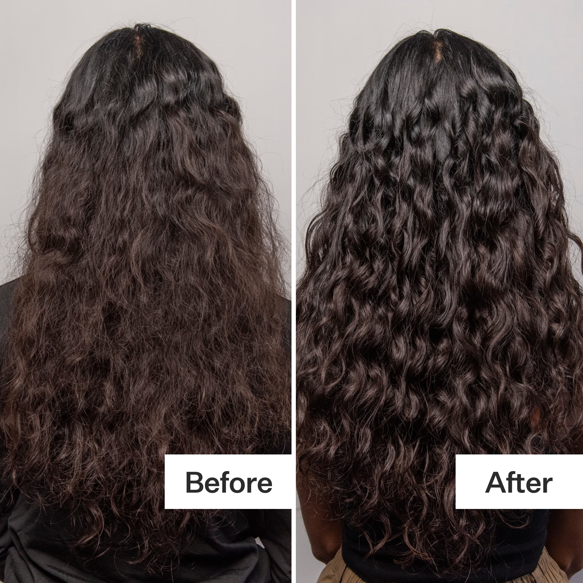 A side-by-side comparison of hair: the left shows frizzy, unstyled hair labeled "Before," and the right displays smooth, defined waves labeled "After."