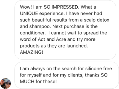 A positive customer review praising a unique scalp detox and shampoo experience, expressing excitement for future products.