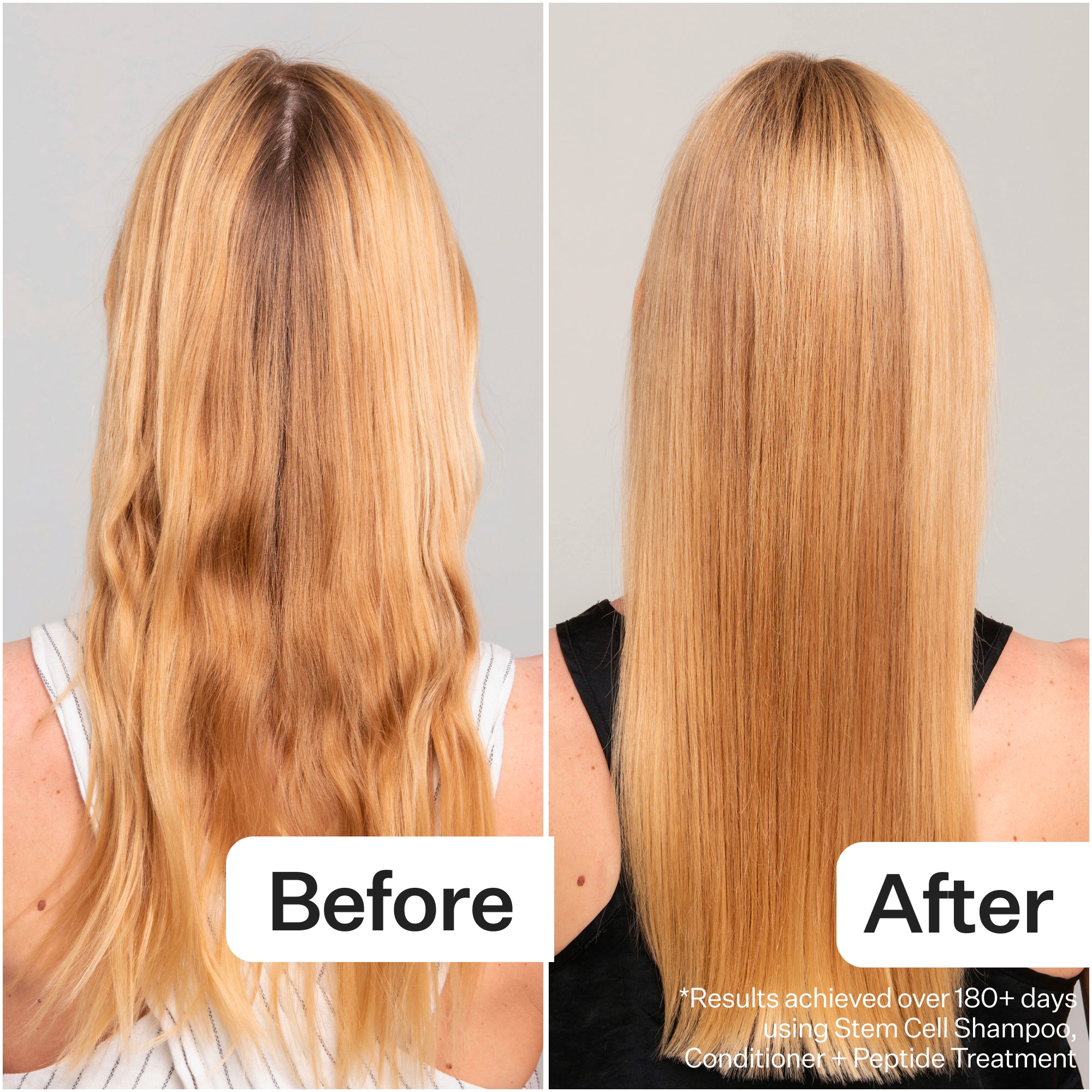 A side-by-side comparison of hair: left shows wavy, frizzy hair labeled "Before," and right displays smooth, straight hair labeled "After."