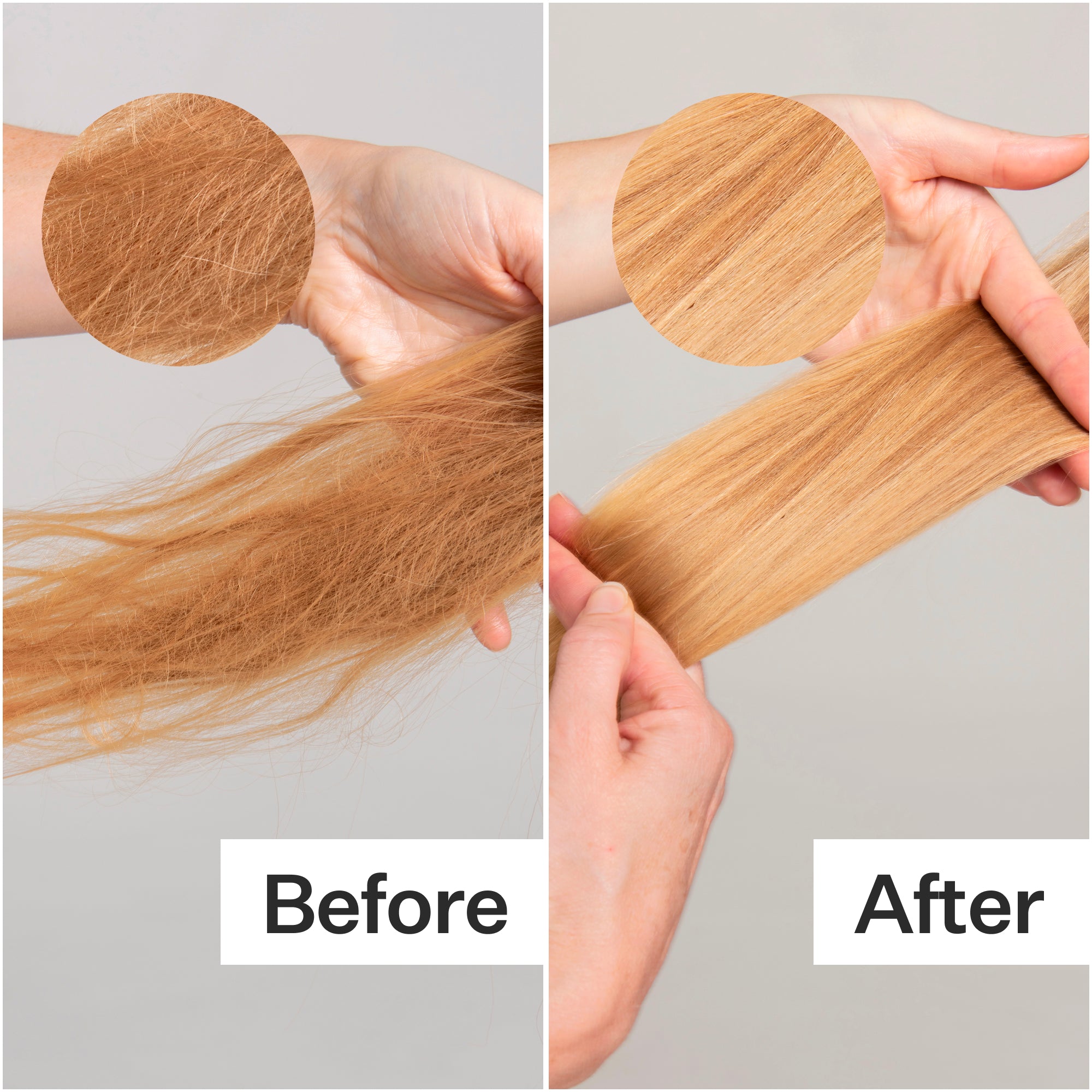 A side-by-side comparison of hair: the left shows frizzy, damaged hair labeled "Before," and the right displays smooth, healthy hair labeled "After."