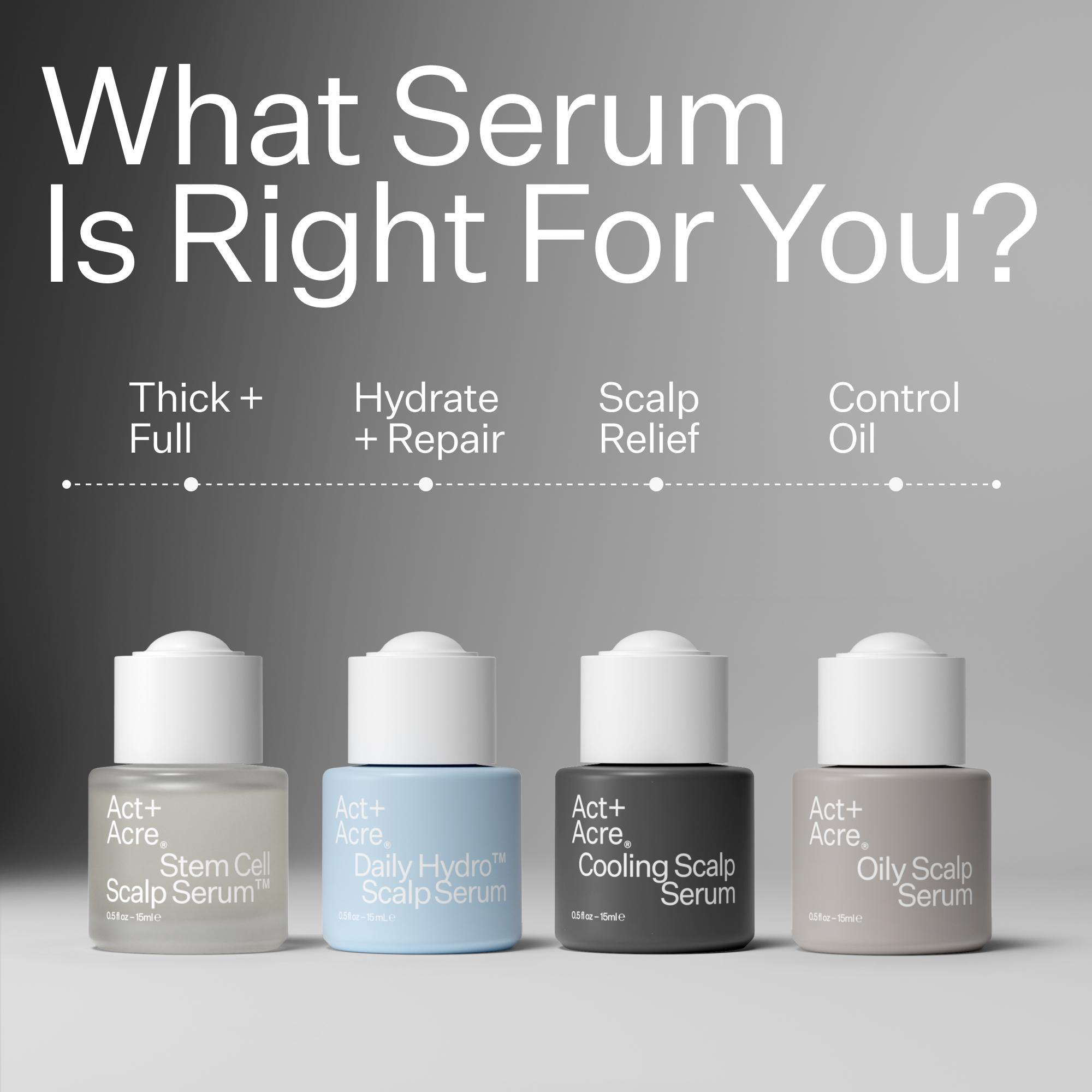 Four scalp serum bottles with labels on a gray background, featuring text about different scalp care needs.