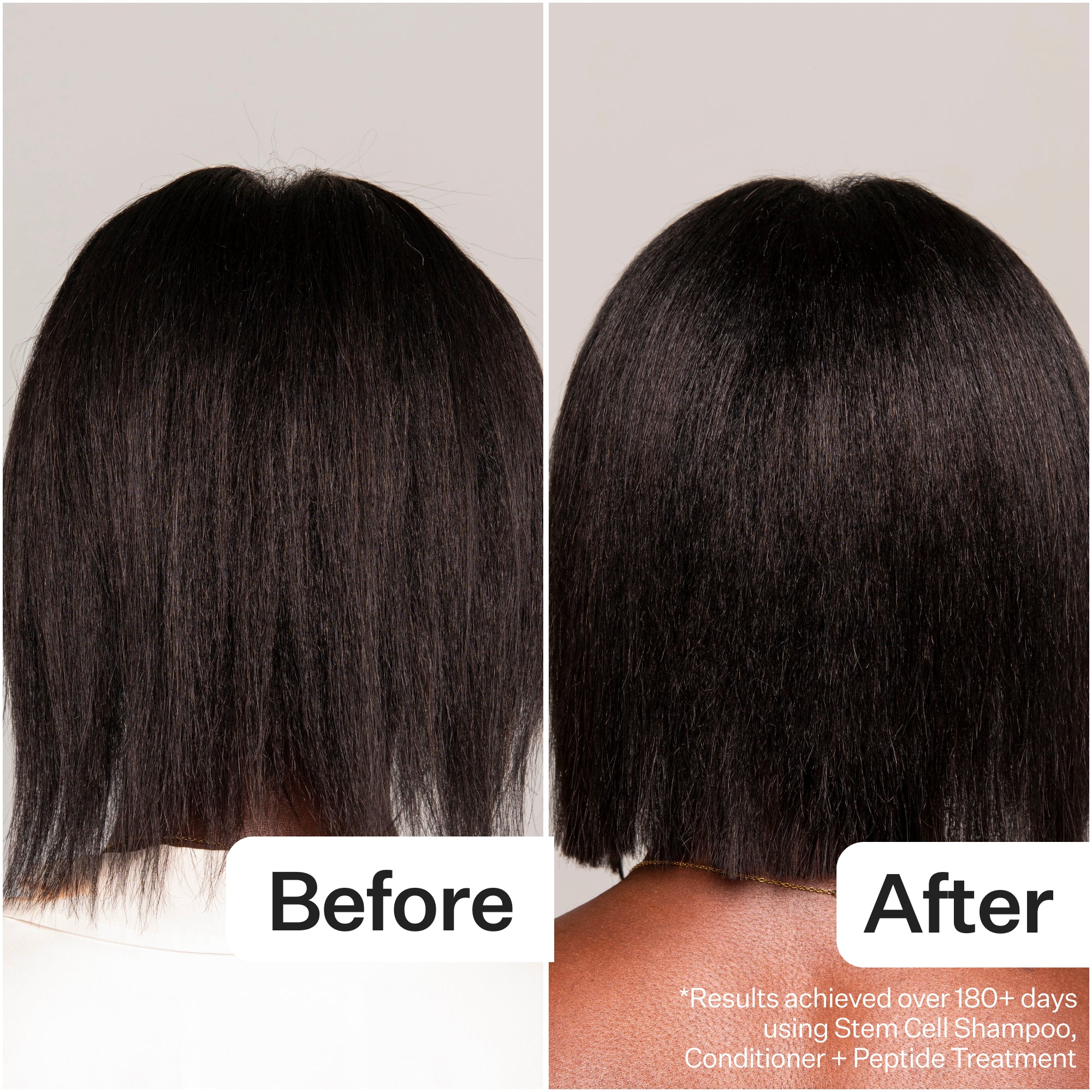 A side-by-side comparison of hair before and after treatment, showing improved smoothness and shine. Labels indicate "Before" and "After."