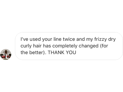 A positive testimonial about a hair care product, highlighting significant improvement in frizzy, dry, curly hair.