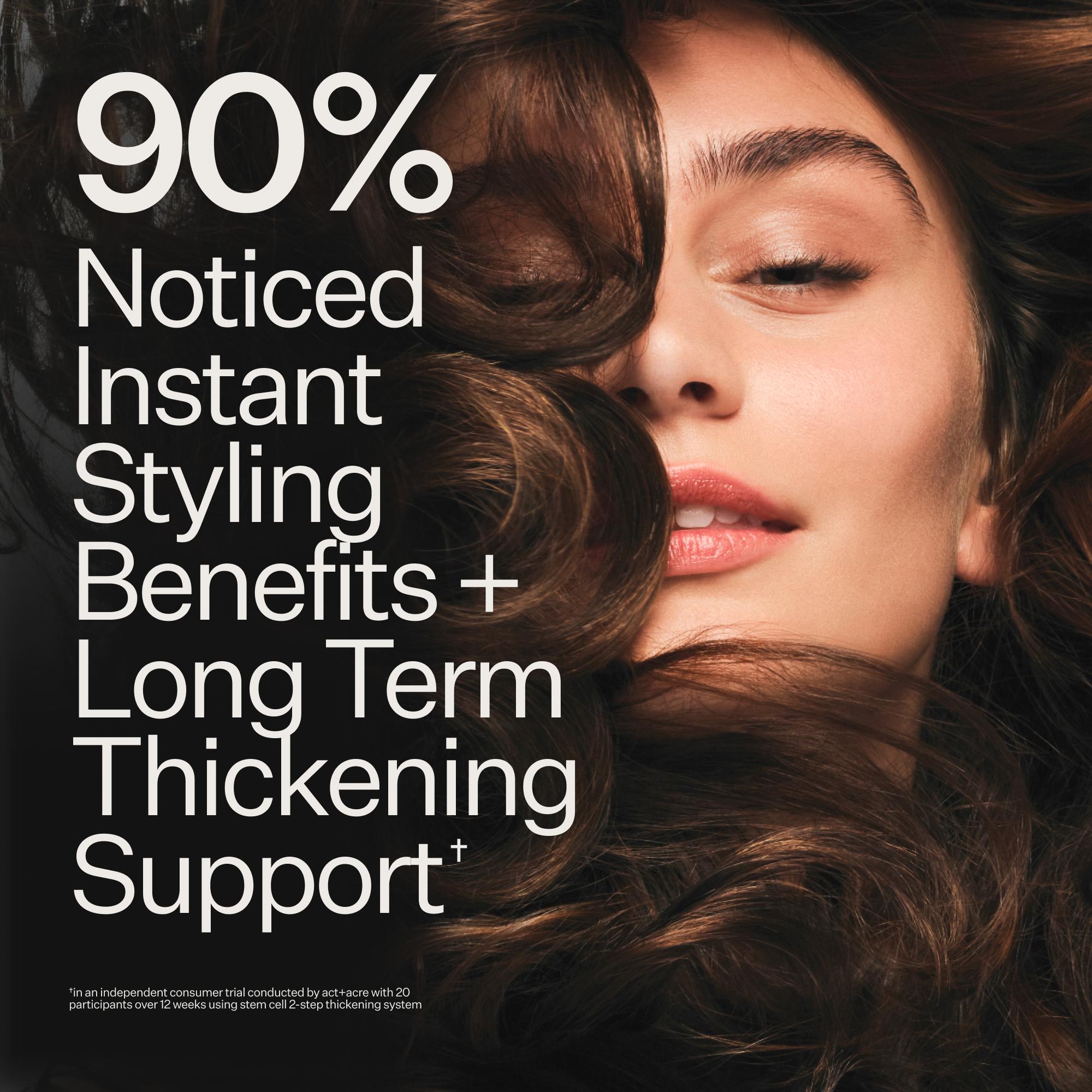 Promotional graphic with large white text reading '90% Noticed Instant Styling Benefits + Long Term Thickening Support' over a close-up of a woman with voluminous dark brown hair on a black background.