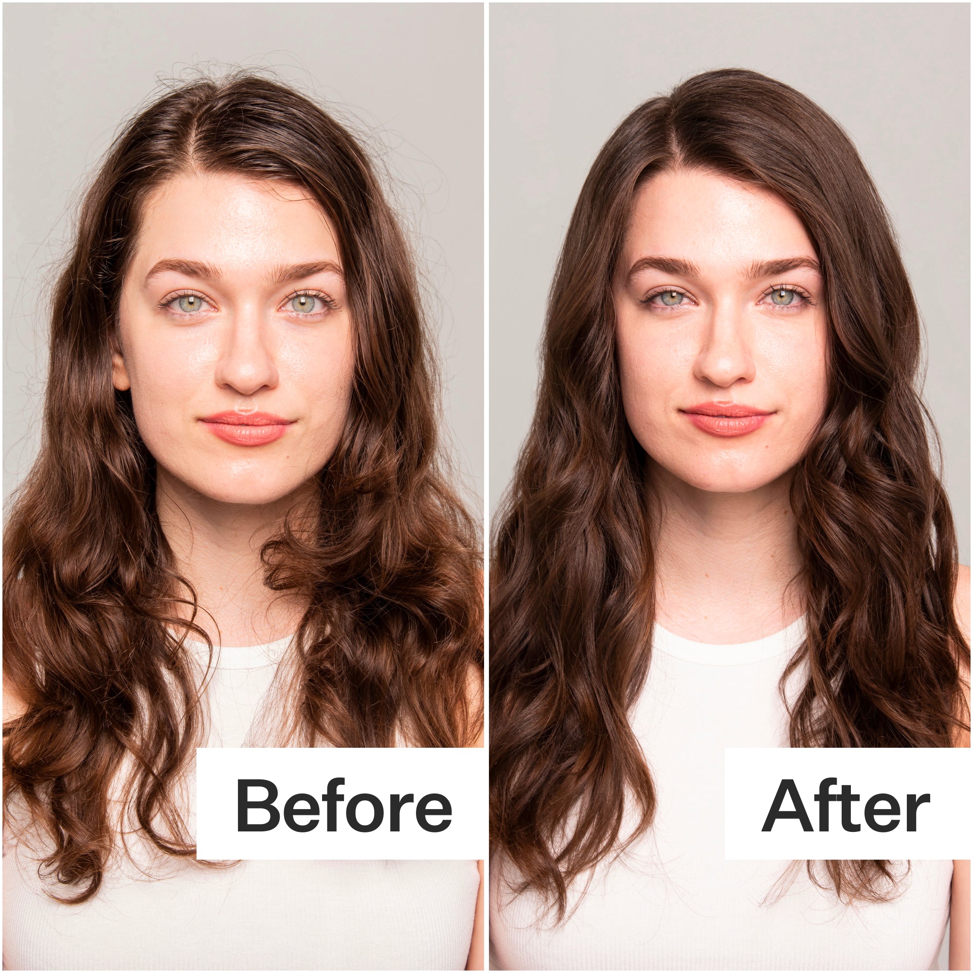 A side-by-side comparison of a woman’s hairstyle, showing her hair before and after styling. The left side is wavy, while the right side is smooth and polished.