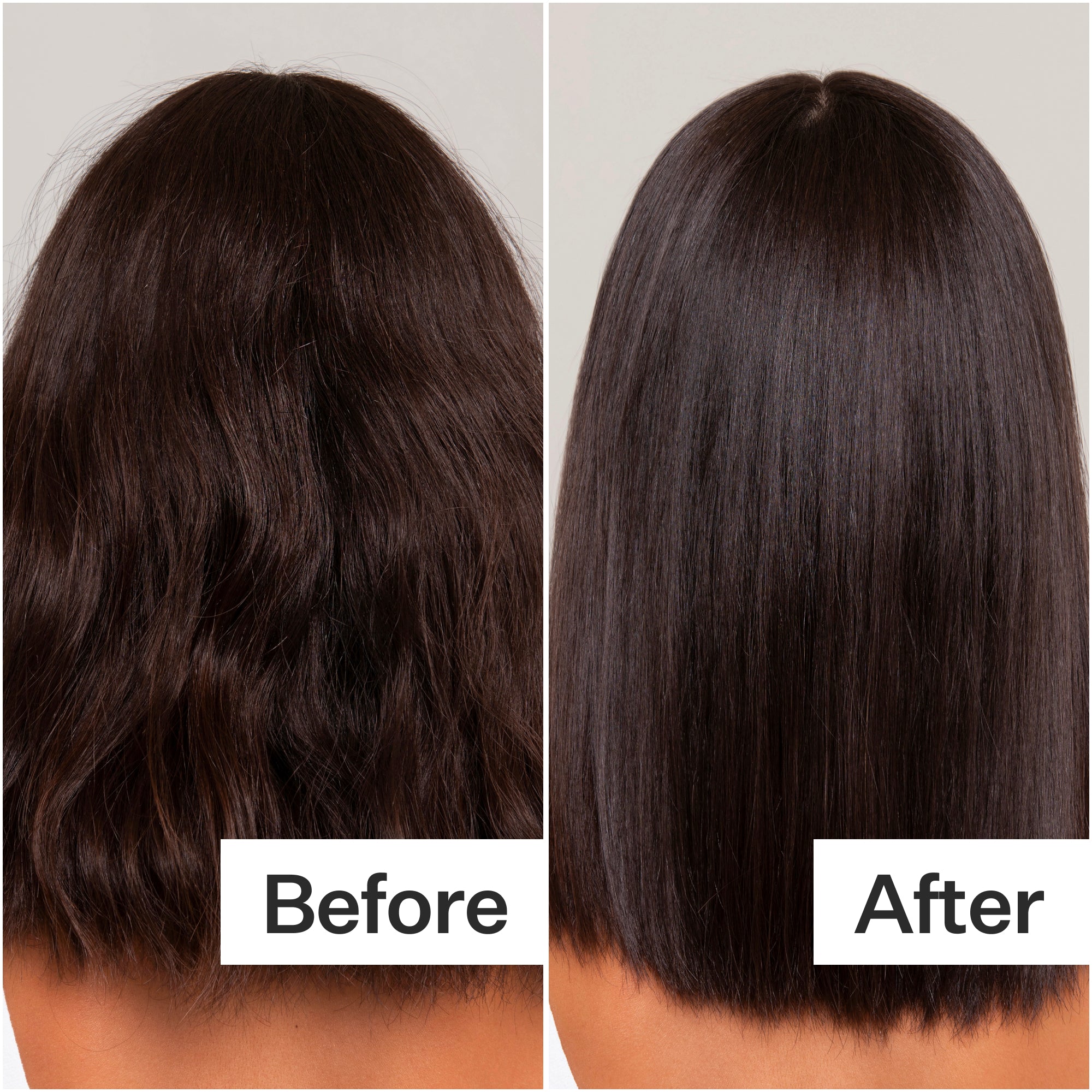 A side-by-side comparison of hair: the left shows wavy, textured hair labeled "Before," and the right displays sleek, straight hair labeled "After."