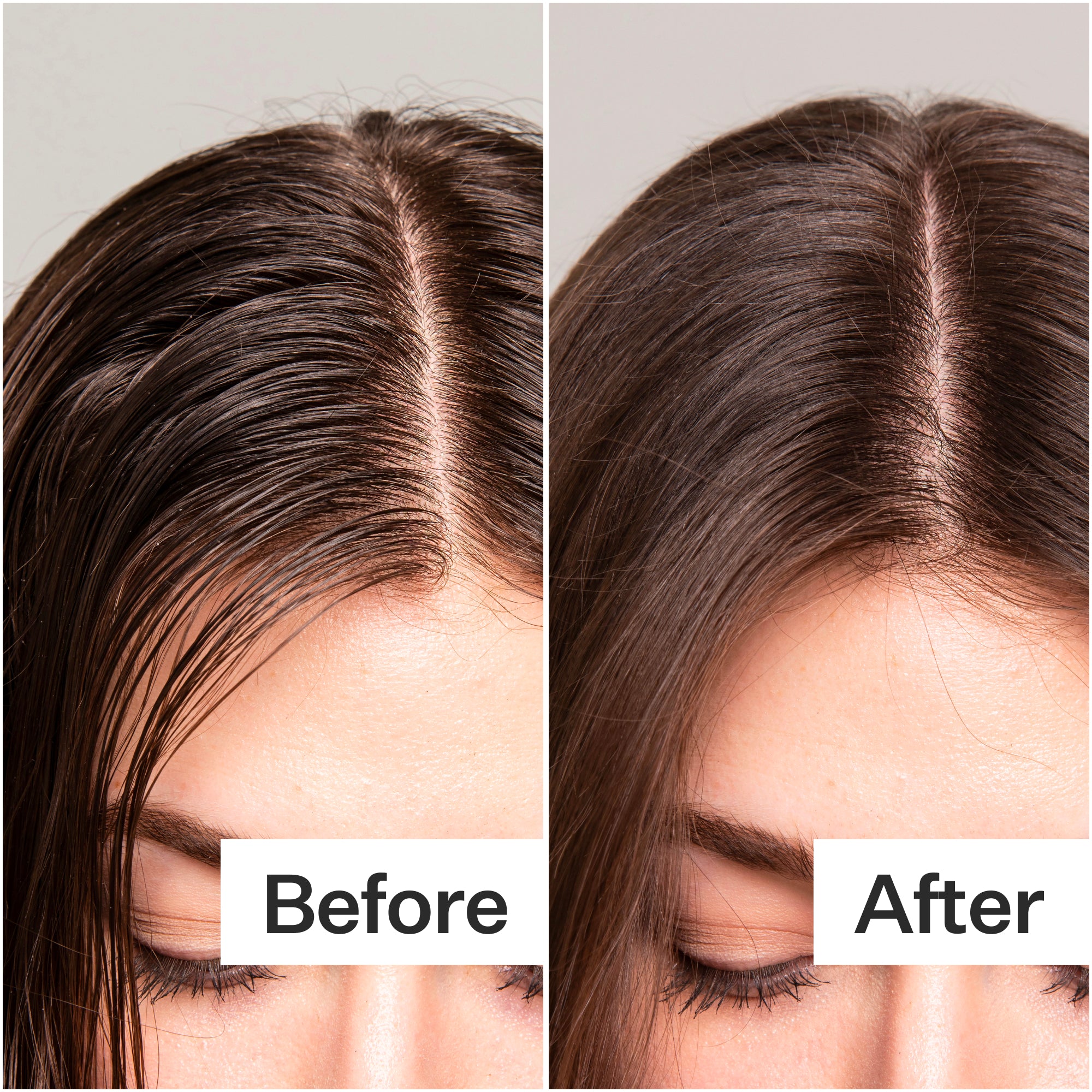 A side-by-side comparison of hair, showing a "Before" image with wet hair and an "After" image with smooth, styled hair.