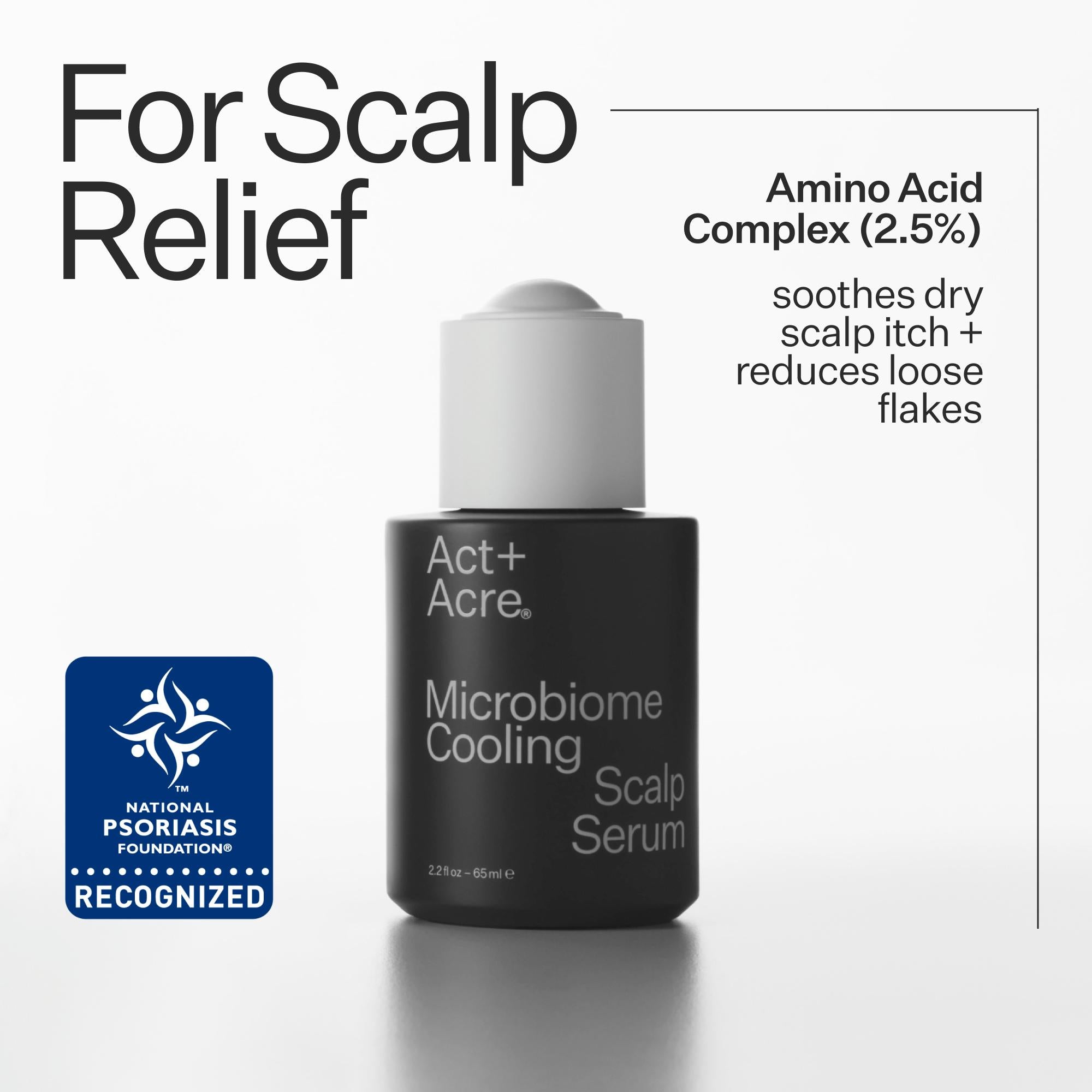 Act+Acre Microbiome Cooling Scalp Serum bottle with text on scalp relief and product features.