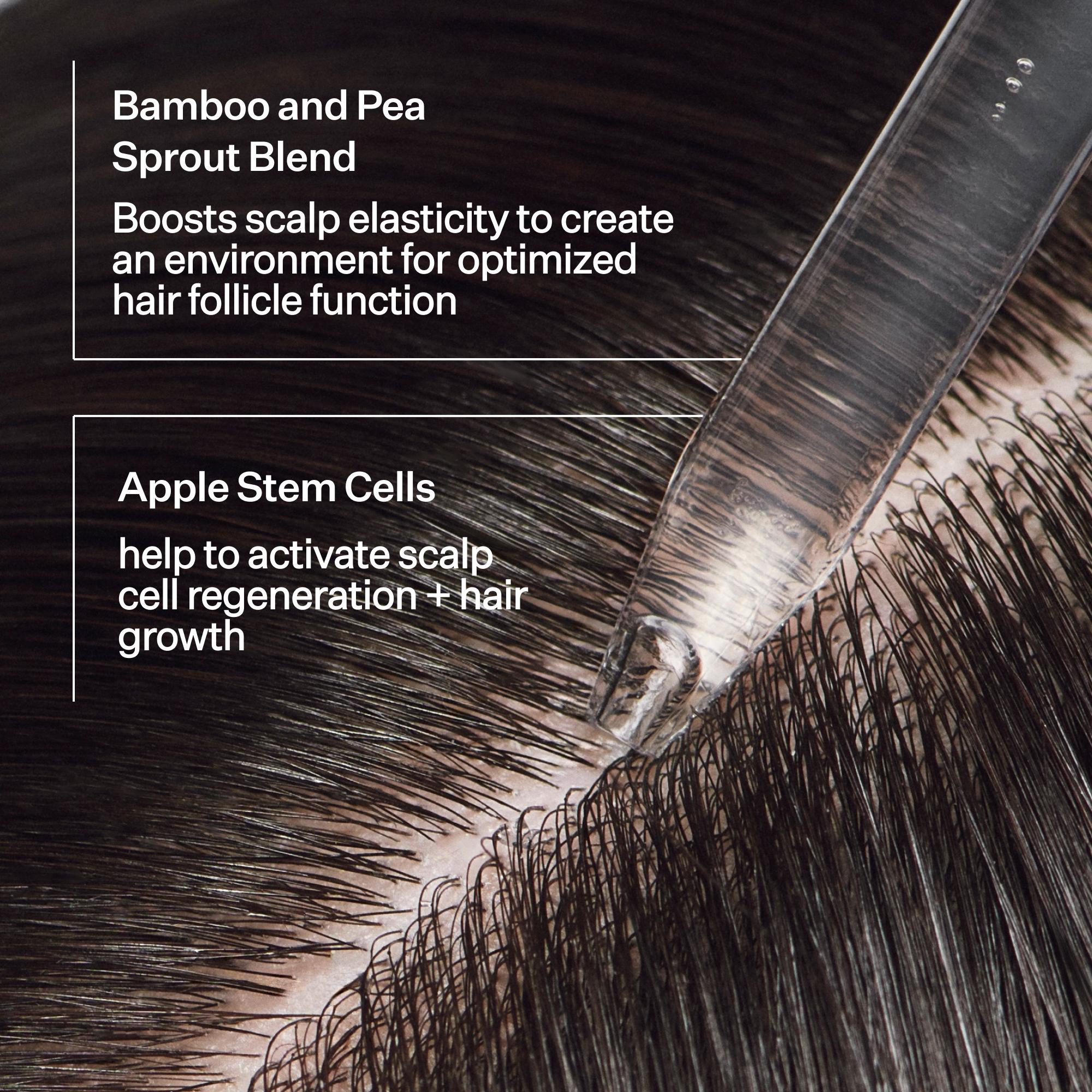 Close-up of hair with text about bamboo and pea sprout blend and apple stem cells for scalp health.