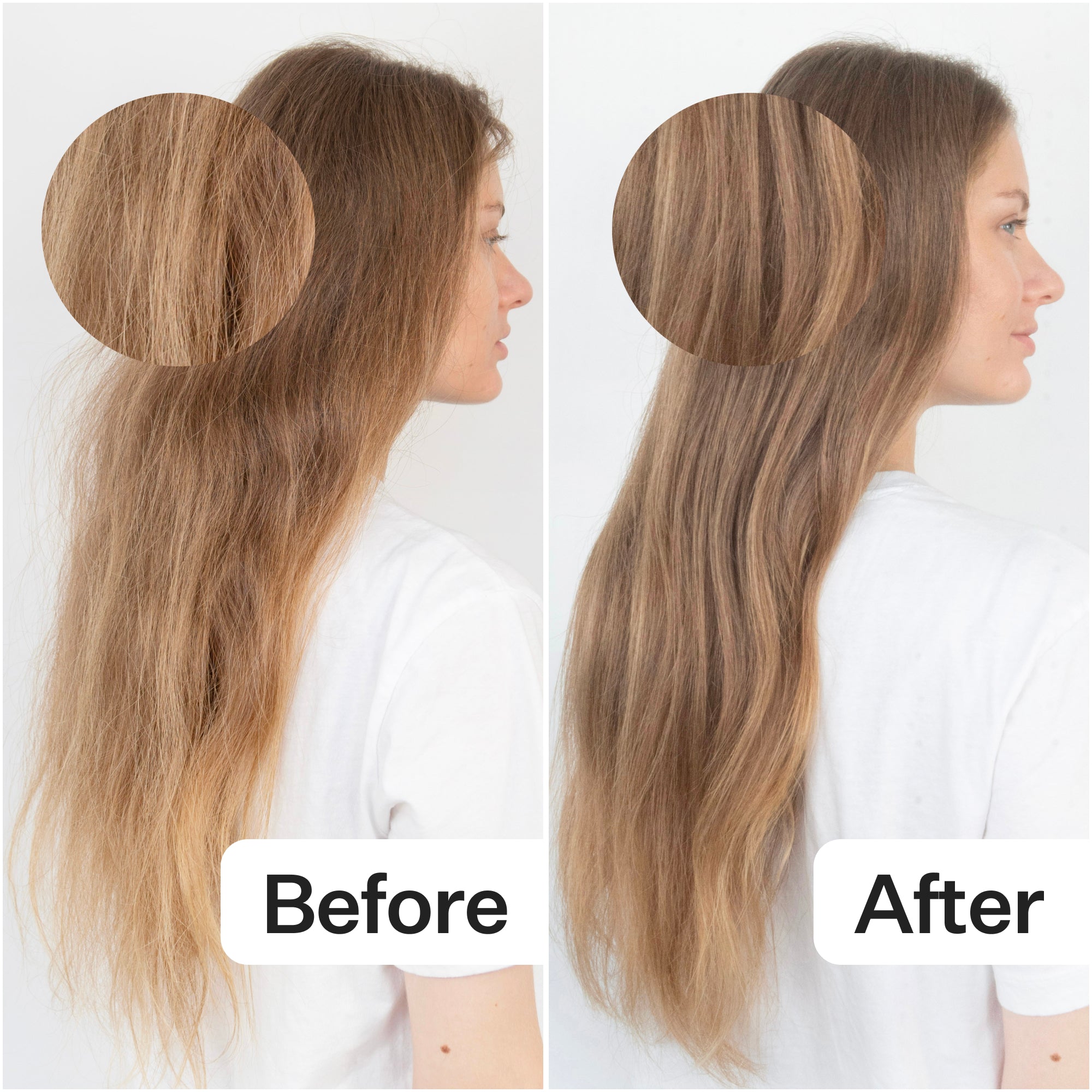 A side-by-side comparison of hair, showing a frizzy "Before" on the left and smooth, styled "After" on the right.