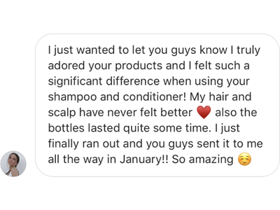 A positive customer testimonial praising hair care products for their effectiveness and long-lasting use.