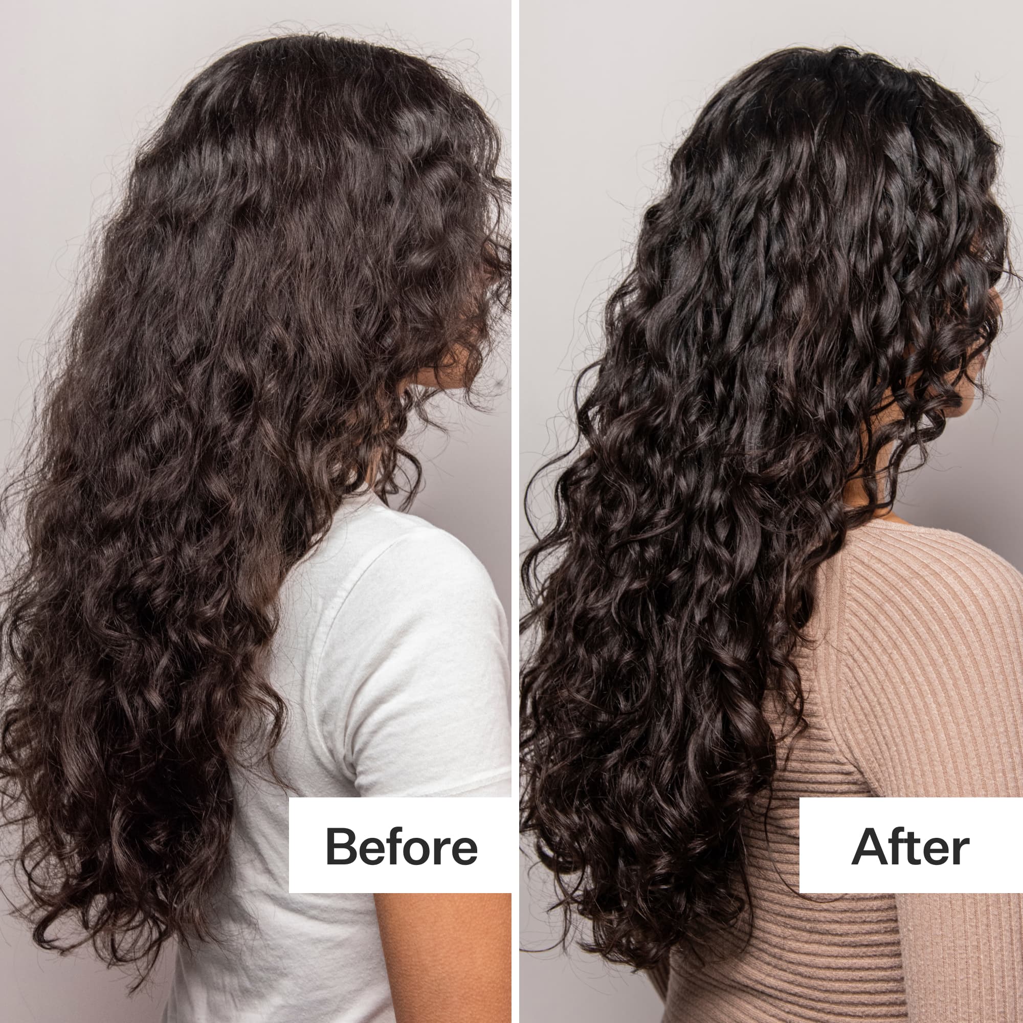 A side-by-side comparison of hair, showing a "Before" image with loose curls and an "After" image with defined, shiny curls.