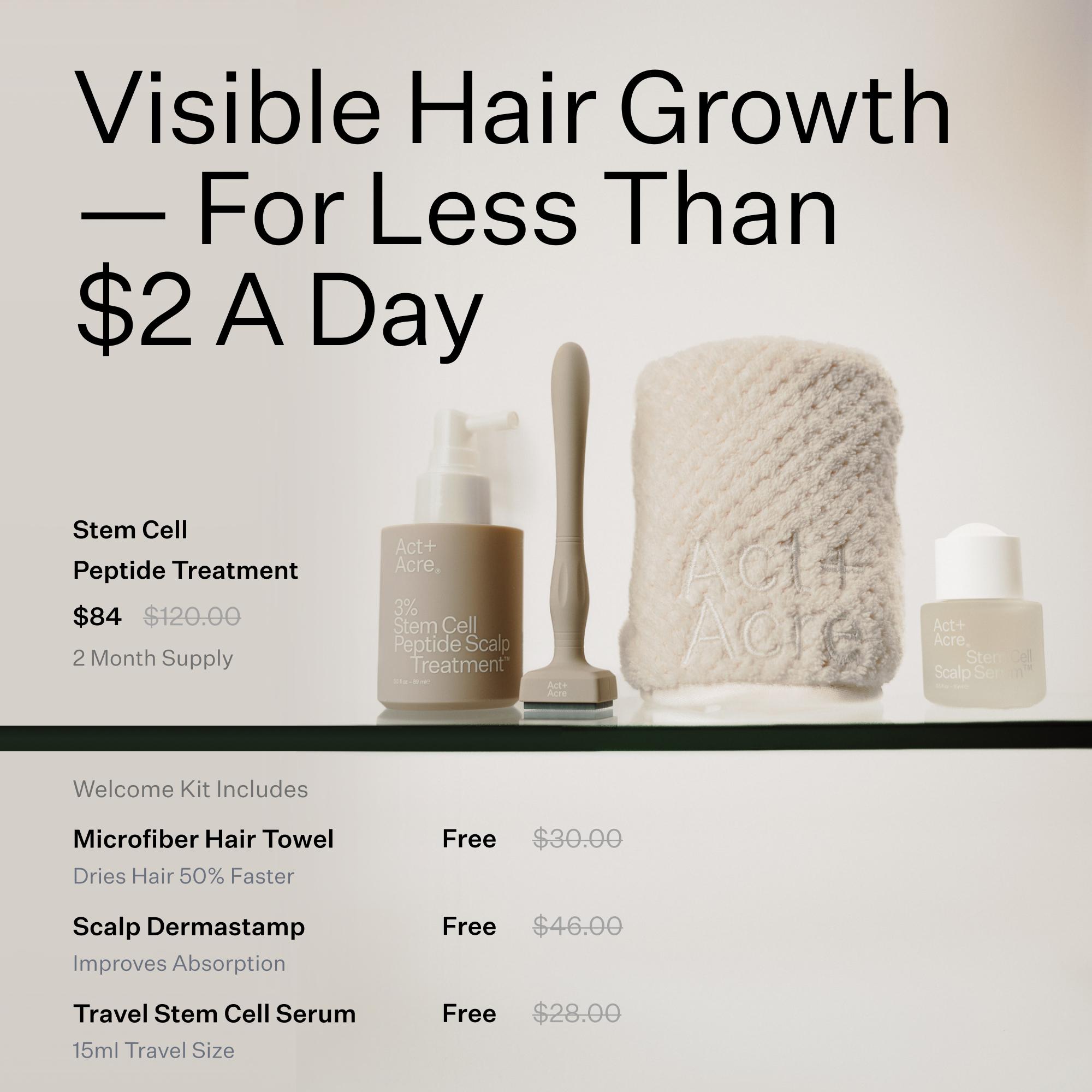 Hair care product set with text about visible hair growth and pricing.