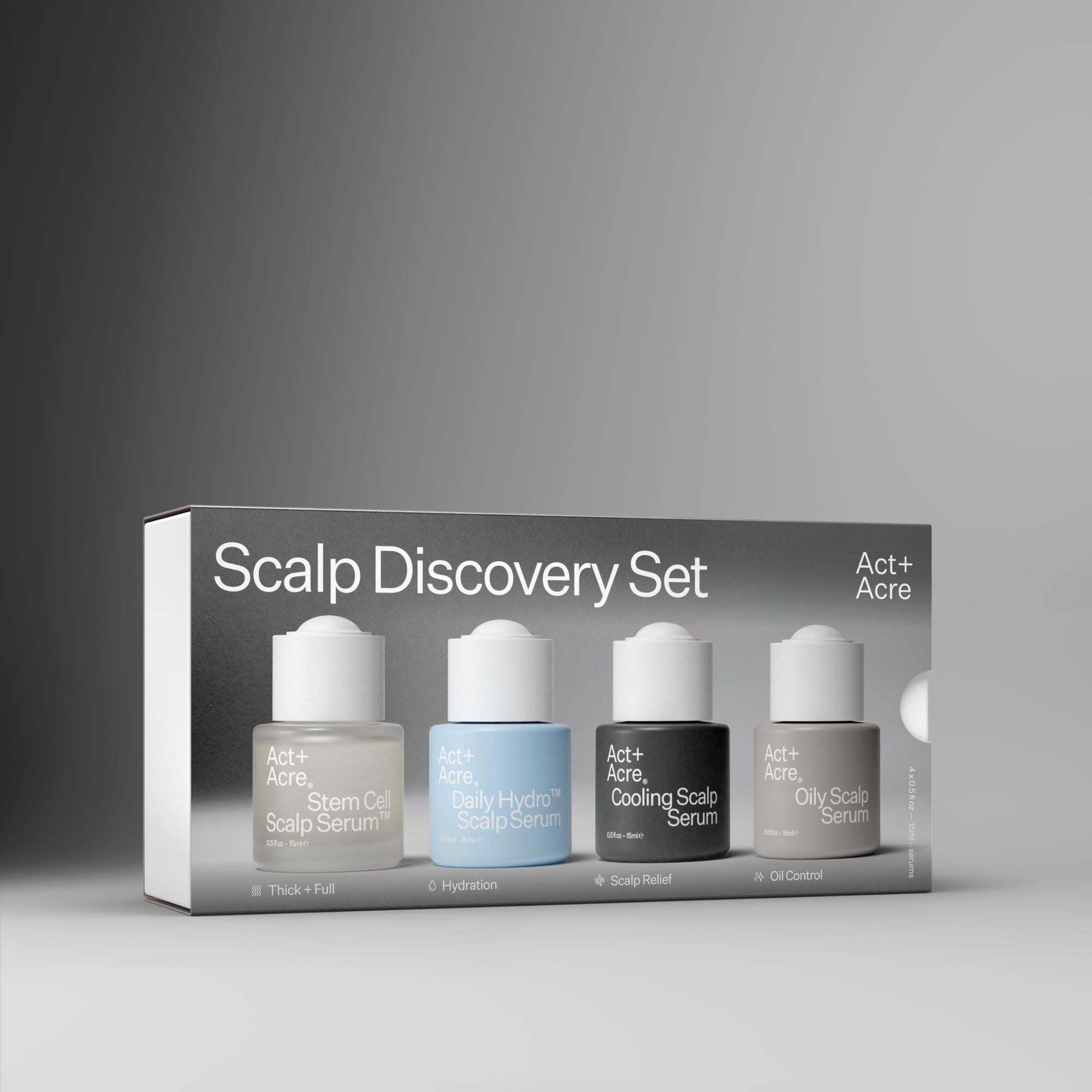 Scalp Discovery Set packaging with four serum bottles on a gray background