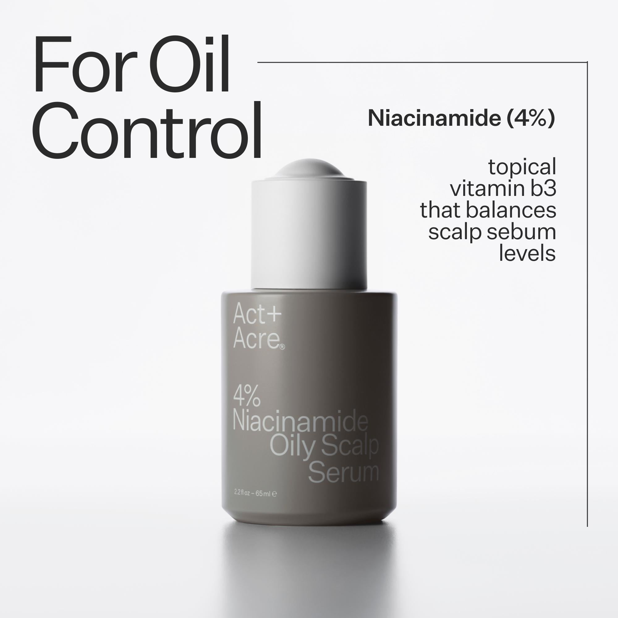 Act+Acre 4% Niacinamide Oily Scalp Serum bottle with text on a white background