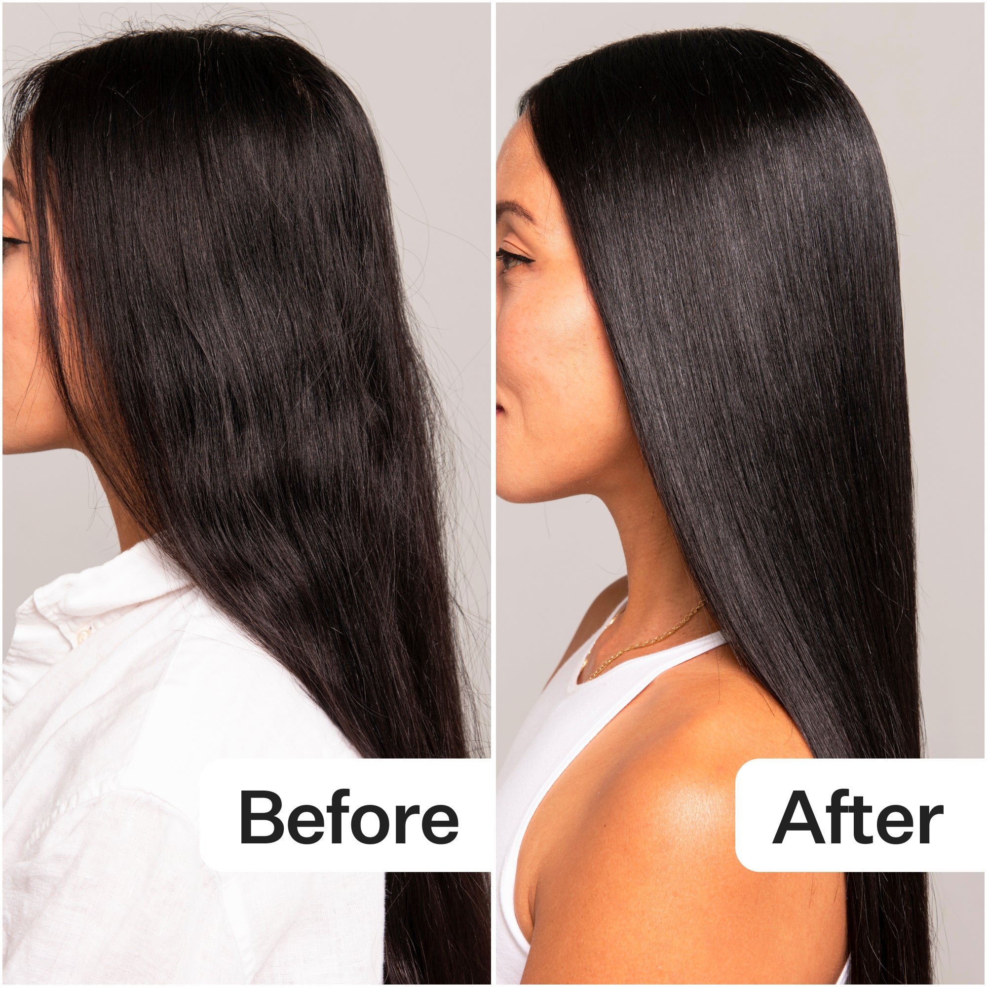 A side-by-side comparison of hair: the left shows frizzy, unstyled hair labeled "Before," and the right displays sleek, straight hair labeled "After."