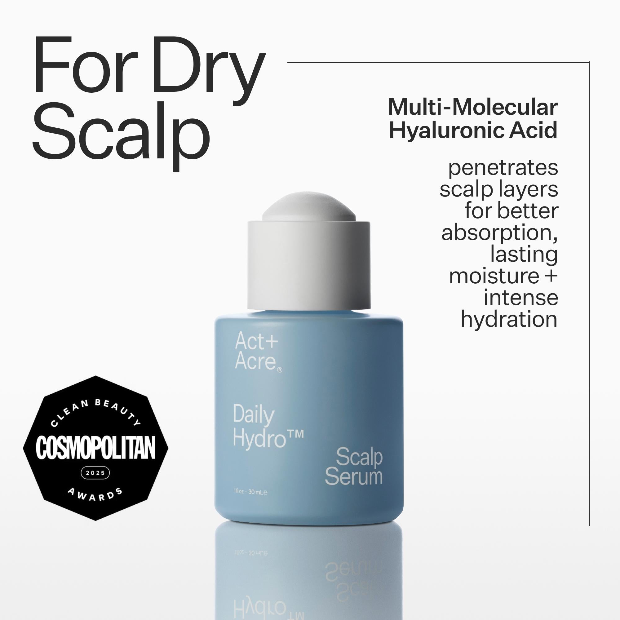 Blue scalp serum bottle with text about dry scalp and hydration on a white background