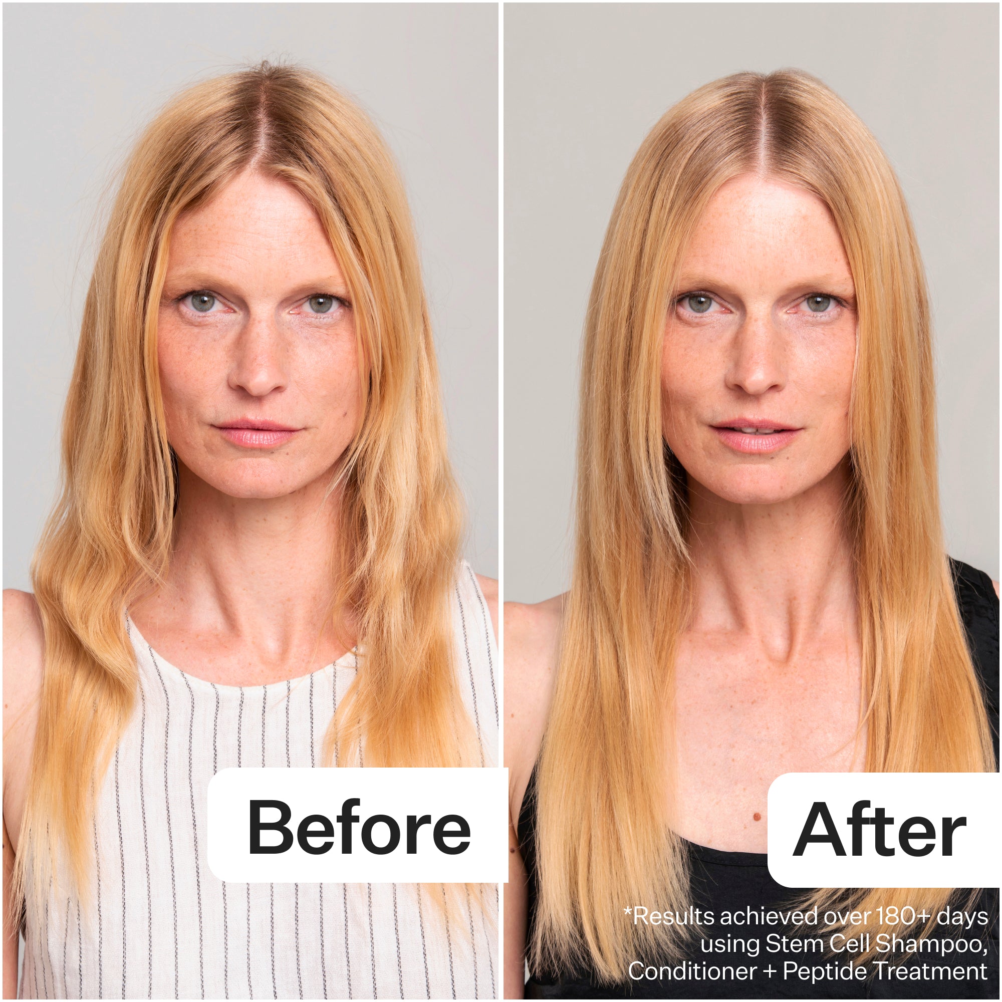 A side-by-side comparison of a woman's hair before and after using a hair treatment, showing significant improvement in smoothness and shine.