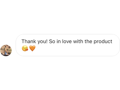 A message expressing gratitude and love for a product, accompanied by a kiss and heart emoji.