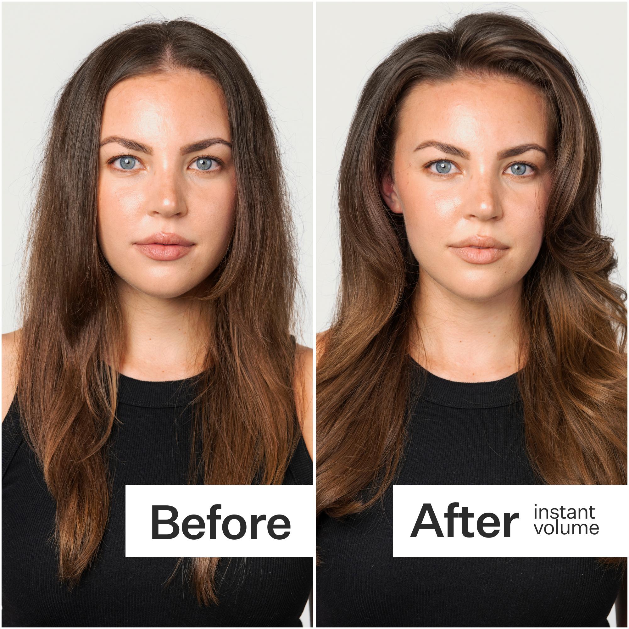 A side-by-side comparison of a woman’s hair, showing a frizzy look on the left labeled "Before" and a voluminous style on the right labeled "After."