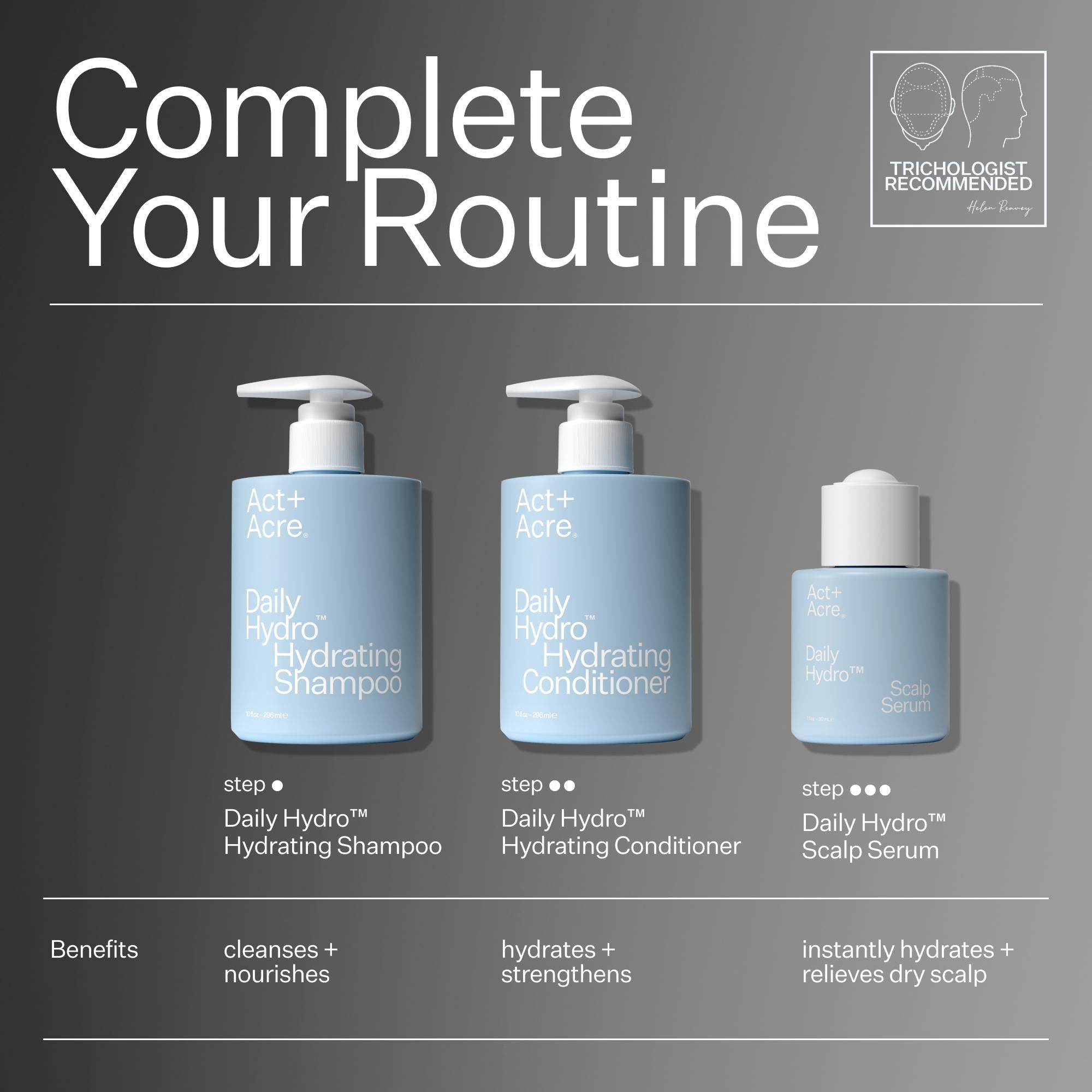 Three bottles of Act+Ave Daily Hydro Hydrating Shampoo, Conditioner, and Scalp Serum on a gray background with text 'Complete Your Routine'.