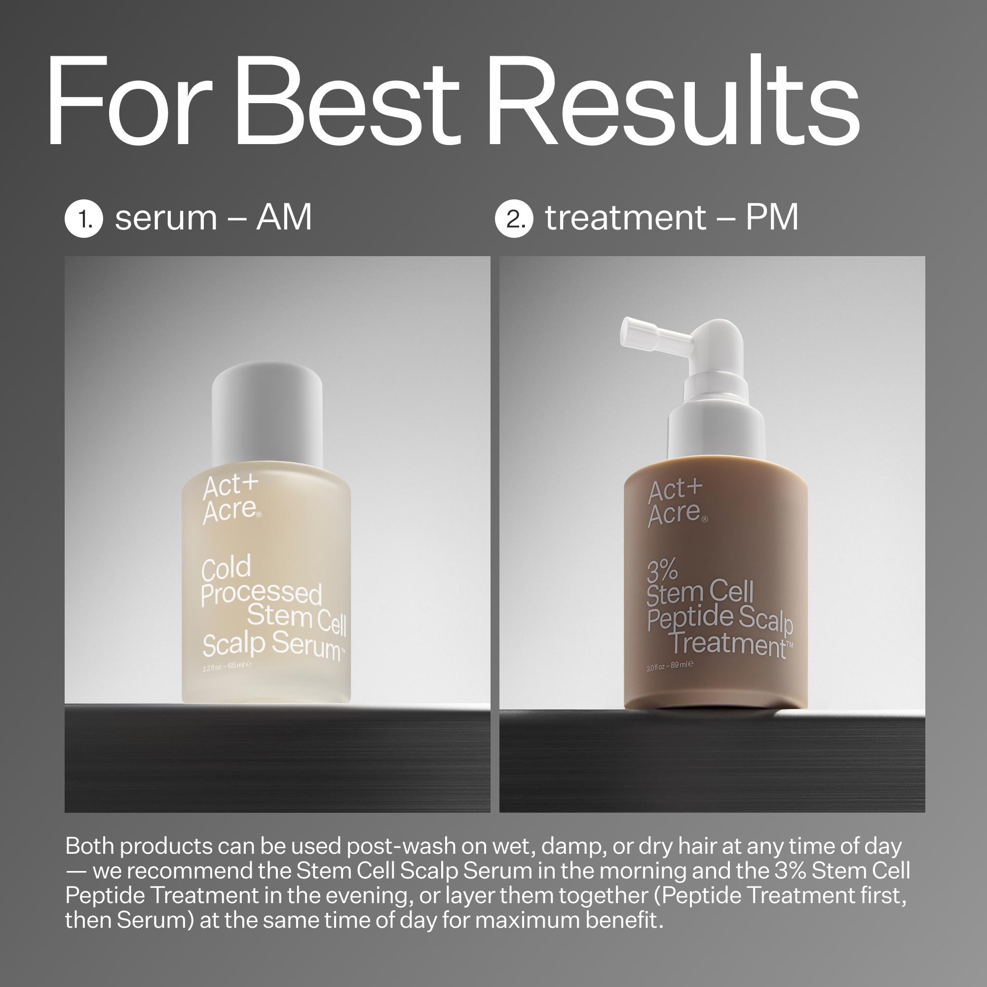 Two skincare products with text indicating usage times and benefits.