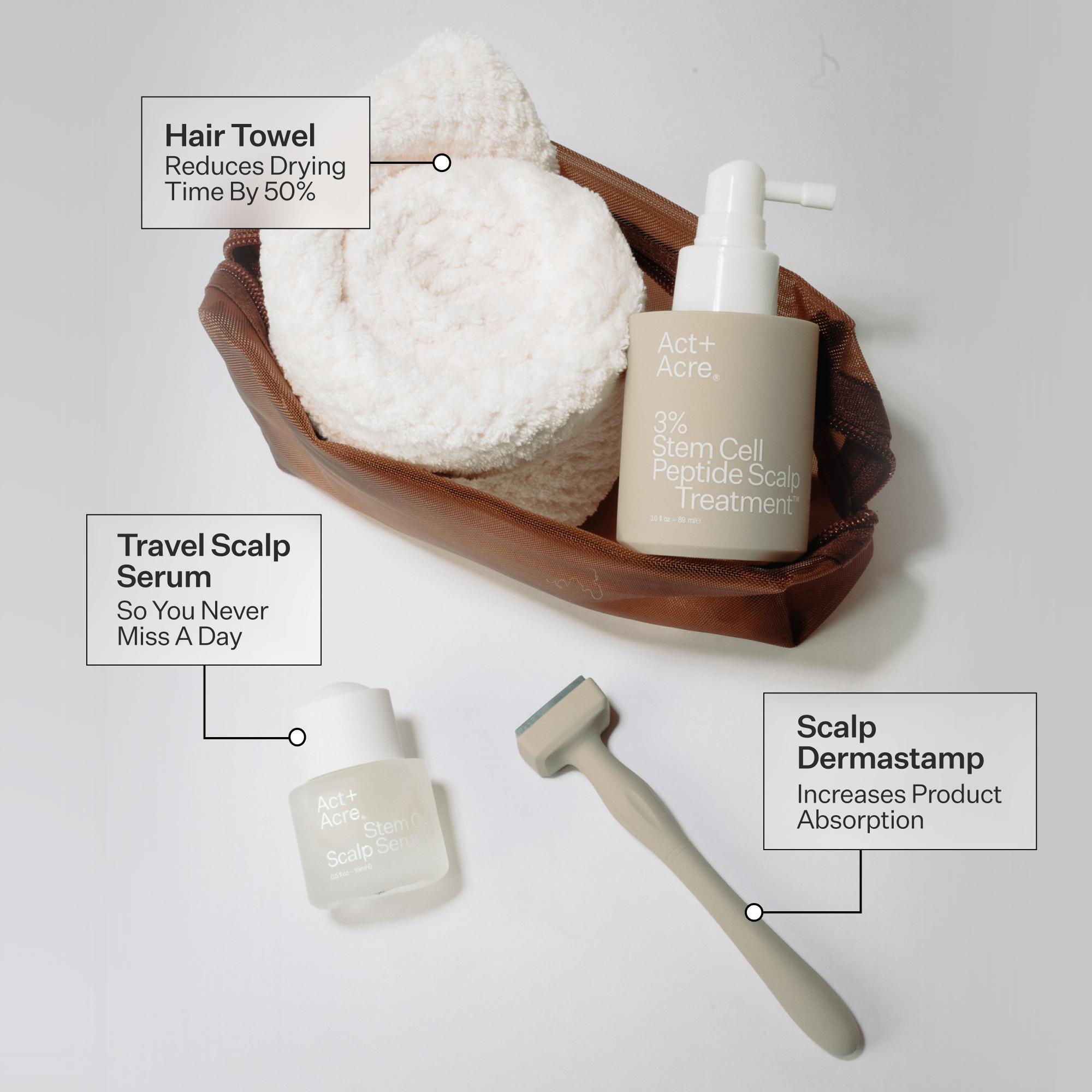 Skincare products for scalp care including a hair towel, travel scalp serum, and scalp dermastamp on a white background.