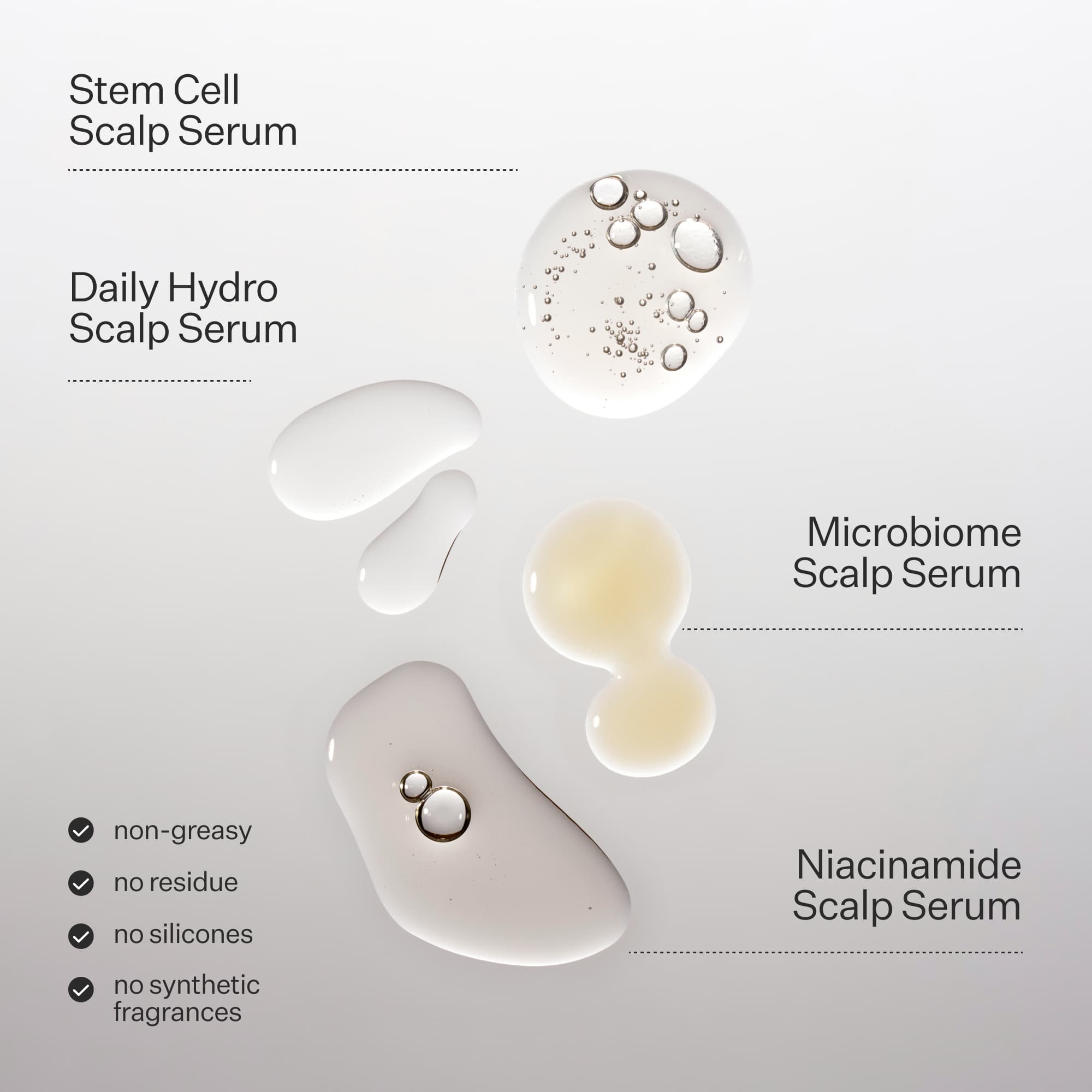Scalp serum products with droplets and text on a light gray background