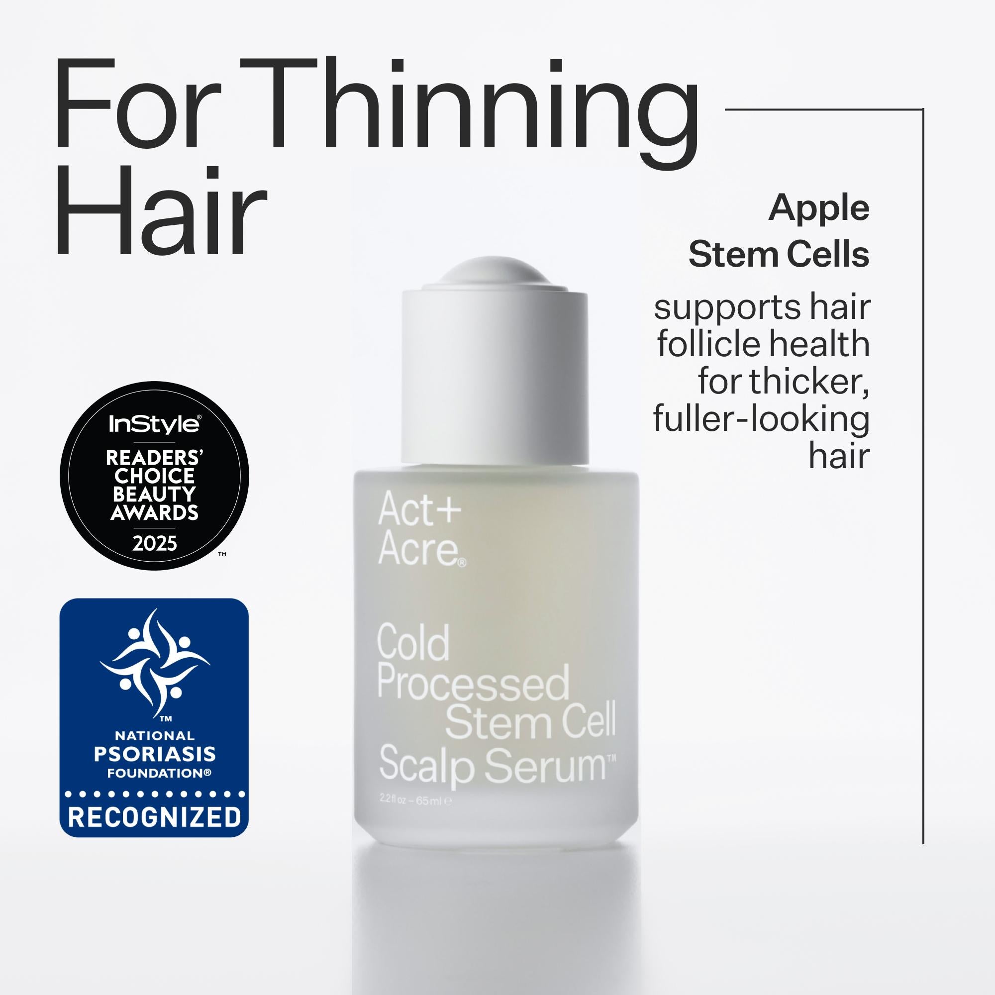 Act+Acre Cold Processed Stem Cell Scalp Serum for thinning hair on a white background with awards displayed.