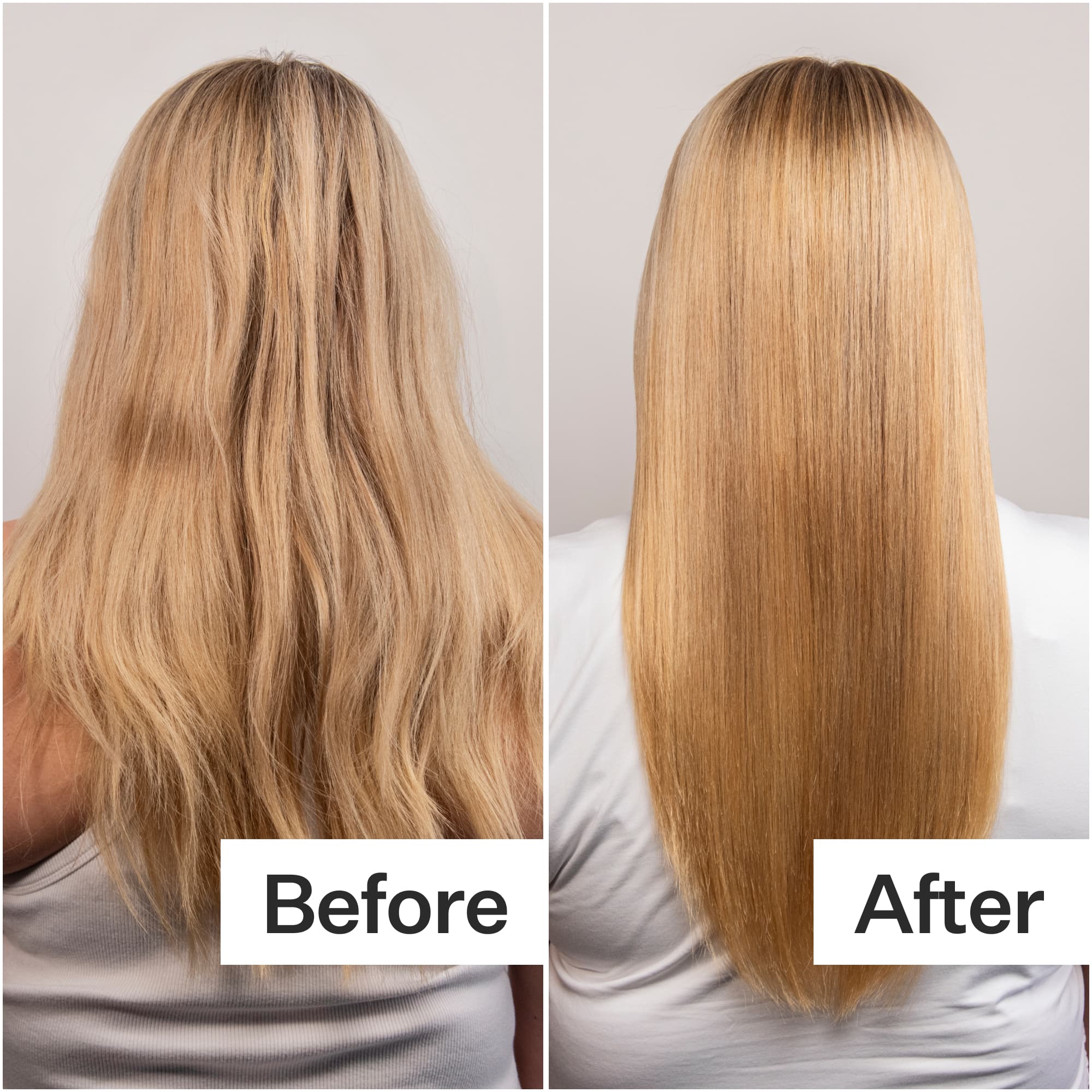 A side-by-side comparison of hair: left shows frizzy, wavy hair labeled "Before," and right displays smooth, straight hair labeled "After."