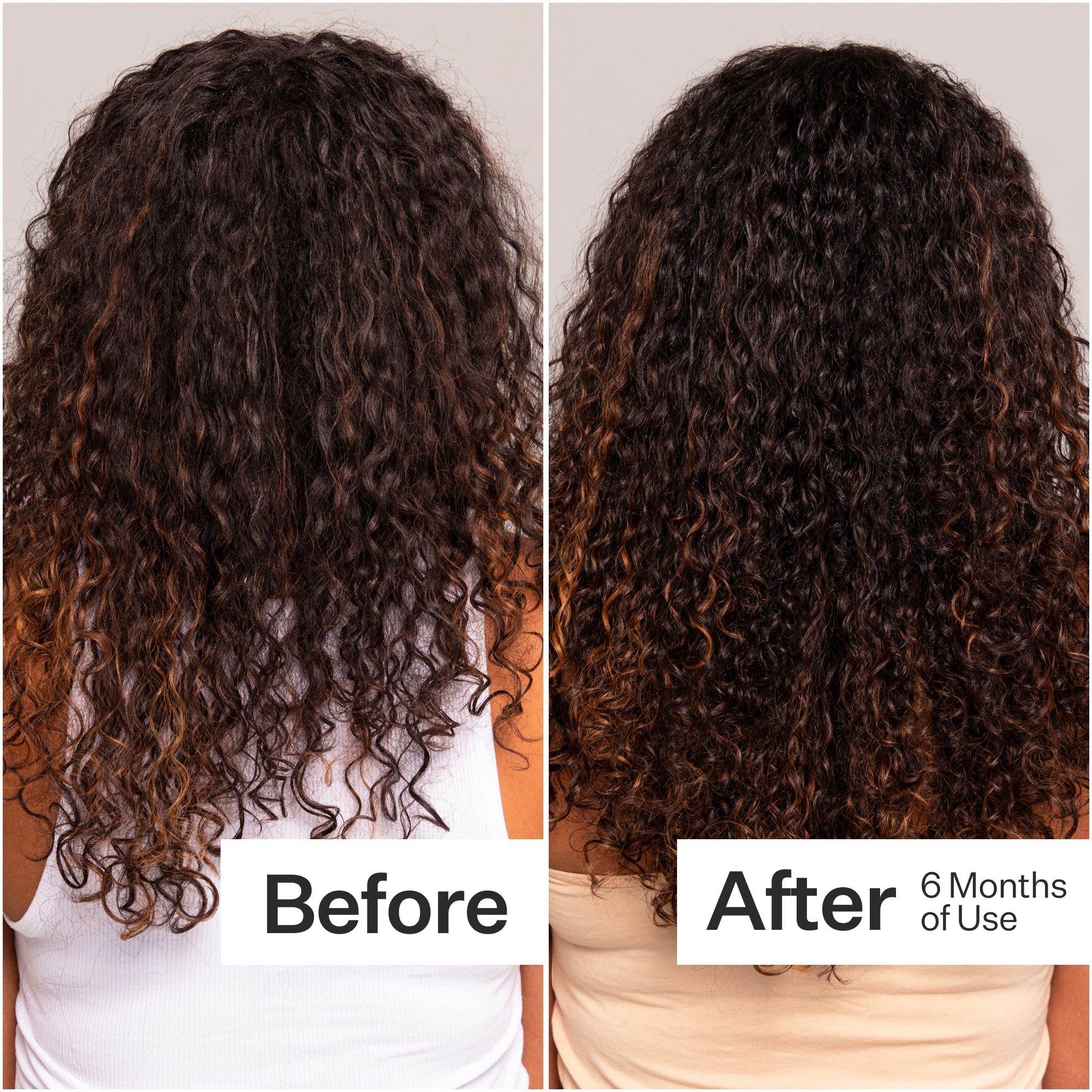 A side-by-side comparison of curly hair, labeled "Before" and "After 6 Months of Use," showing improved texture and shine.